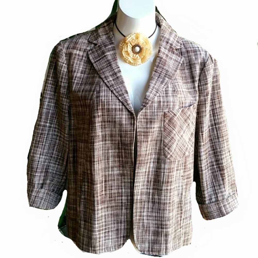 Talbots Plaid Brown and Cream Linen Cotton Blend Jacket 3/4 Sleeves Size…